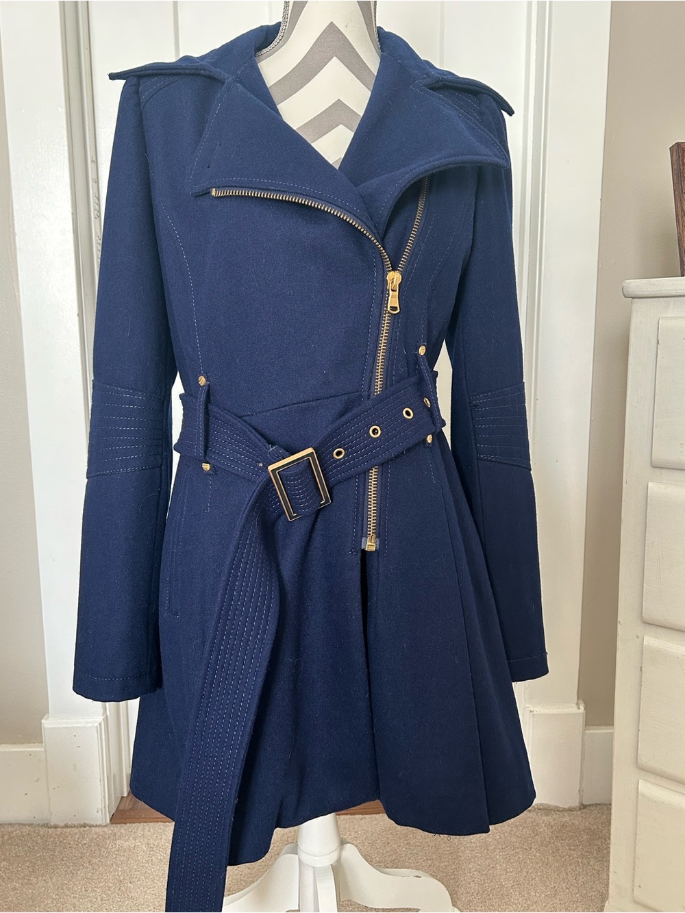 Kenneth Cole New York Navy Belted Wool-Blend Pea Coat with Gold Hardware